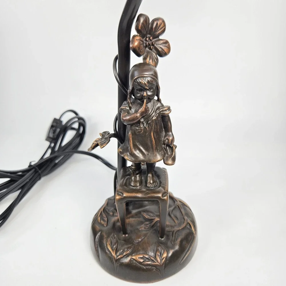 Vintage Juan Clara Bronze Statue Girl on Chair Table Lamp Pink Frost Glass Shade